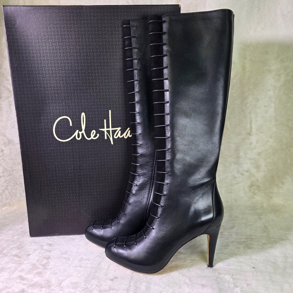 Cole Haan NikeAir Tall Boots Black Leather Suede Lace Up Stiletto Women 7.5B NEW